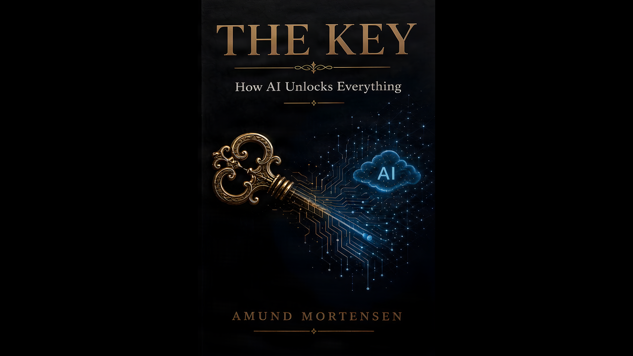 The Key — a glowing golden skeleton key floating among luminous orbs over a cosmic palace and star-filled teal sky.